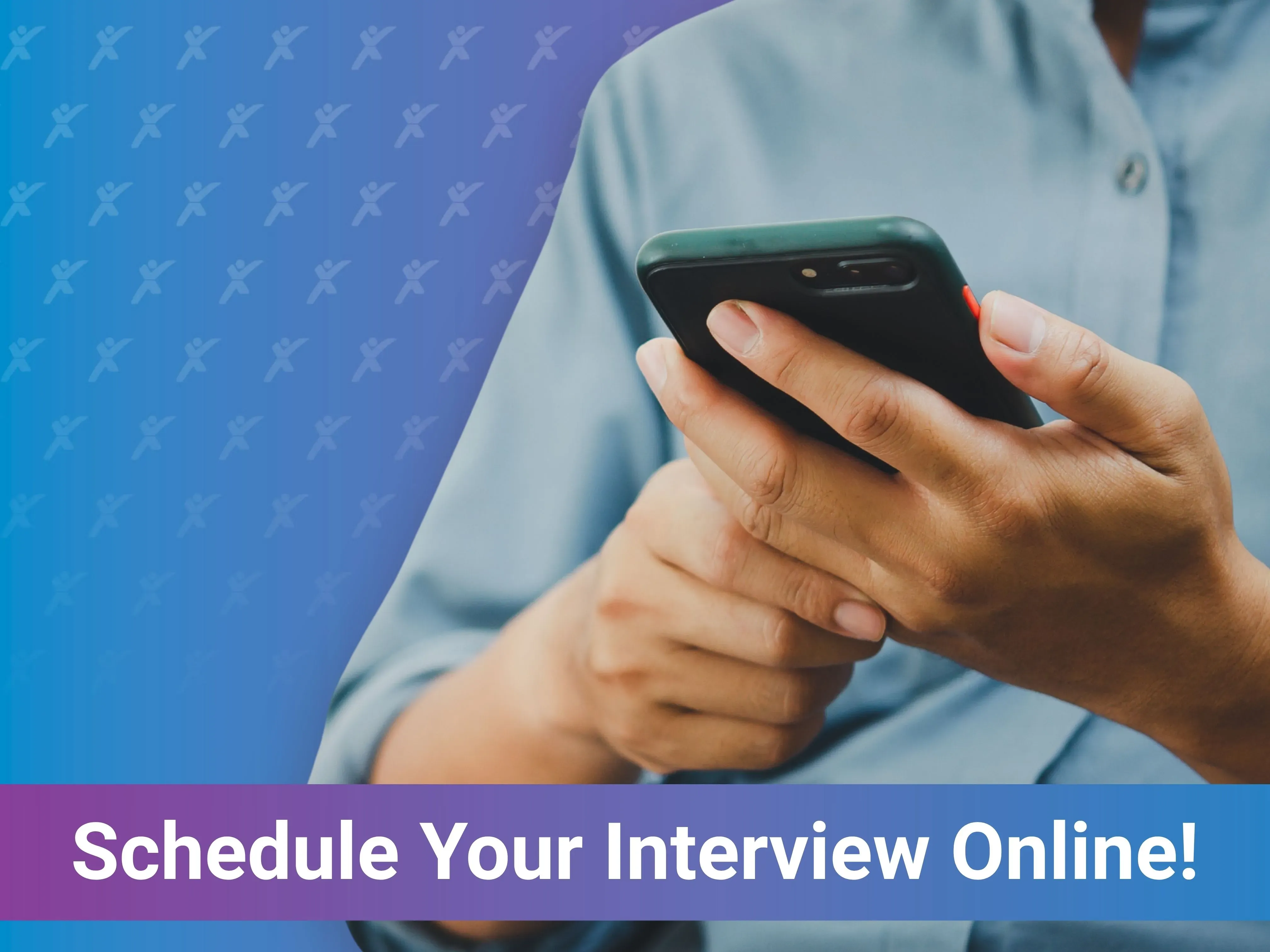 Person in a button down blue shirt with his cell phone in his hand typing on the keypad. Blue and Purple gradient background with the Express Logo on it.